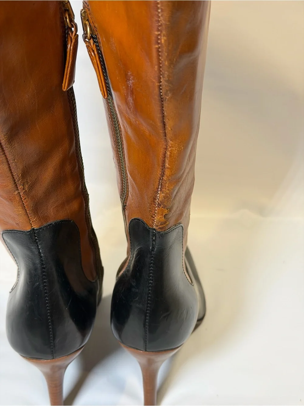 Vintage Dolce & Gabbana Black & Tan Leather Pointed Toe Knee High Boots IT 36 6
